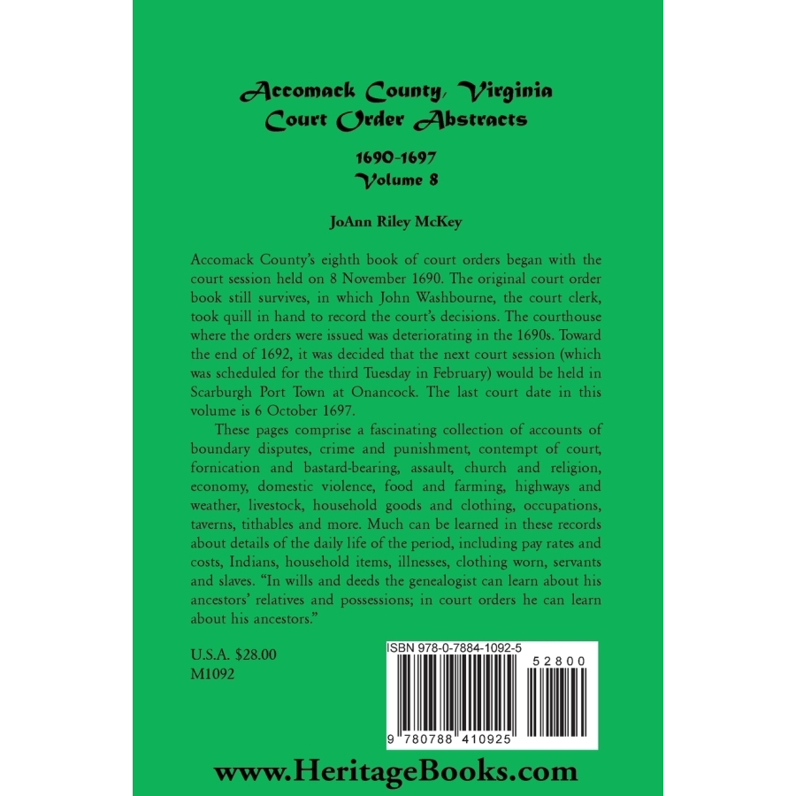Accomack County, Virginia Court Order Abstracts, Volume 8: 1690-1697 back cover
