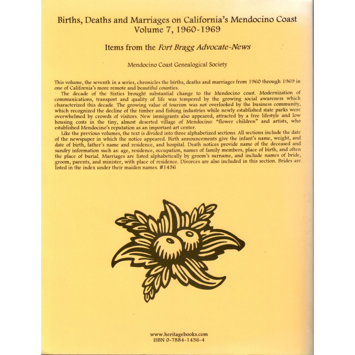 Births, Deaths and Marriages on California's Mendocino Coast, Volume 7, 1960-1969 back cover