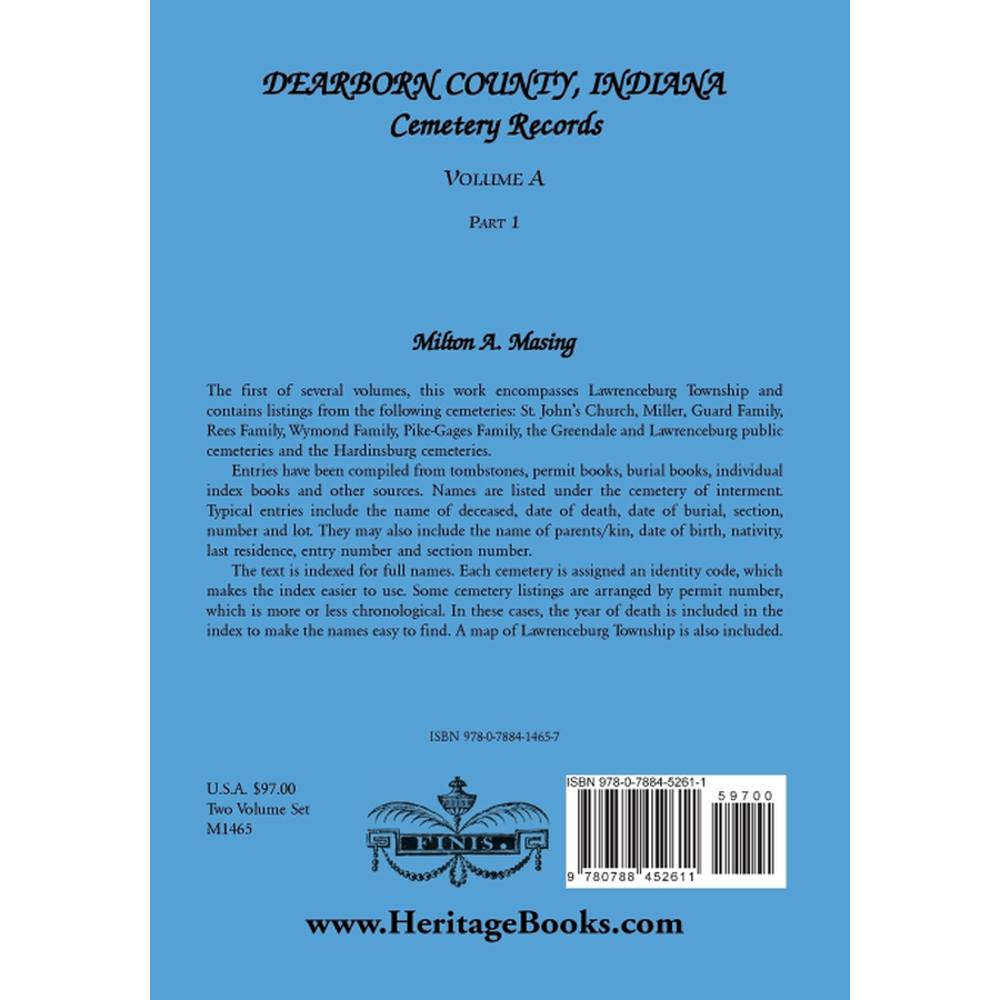 Dearborn County, Indiana, Cemetery Records, Volume A, Part 1: Lawrenceburg Township back cover