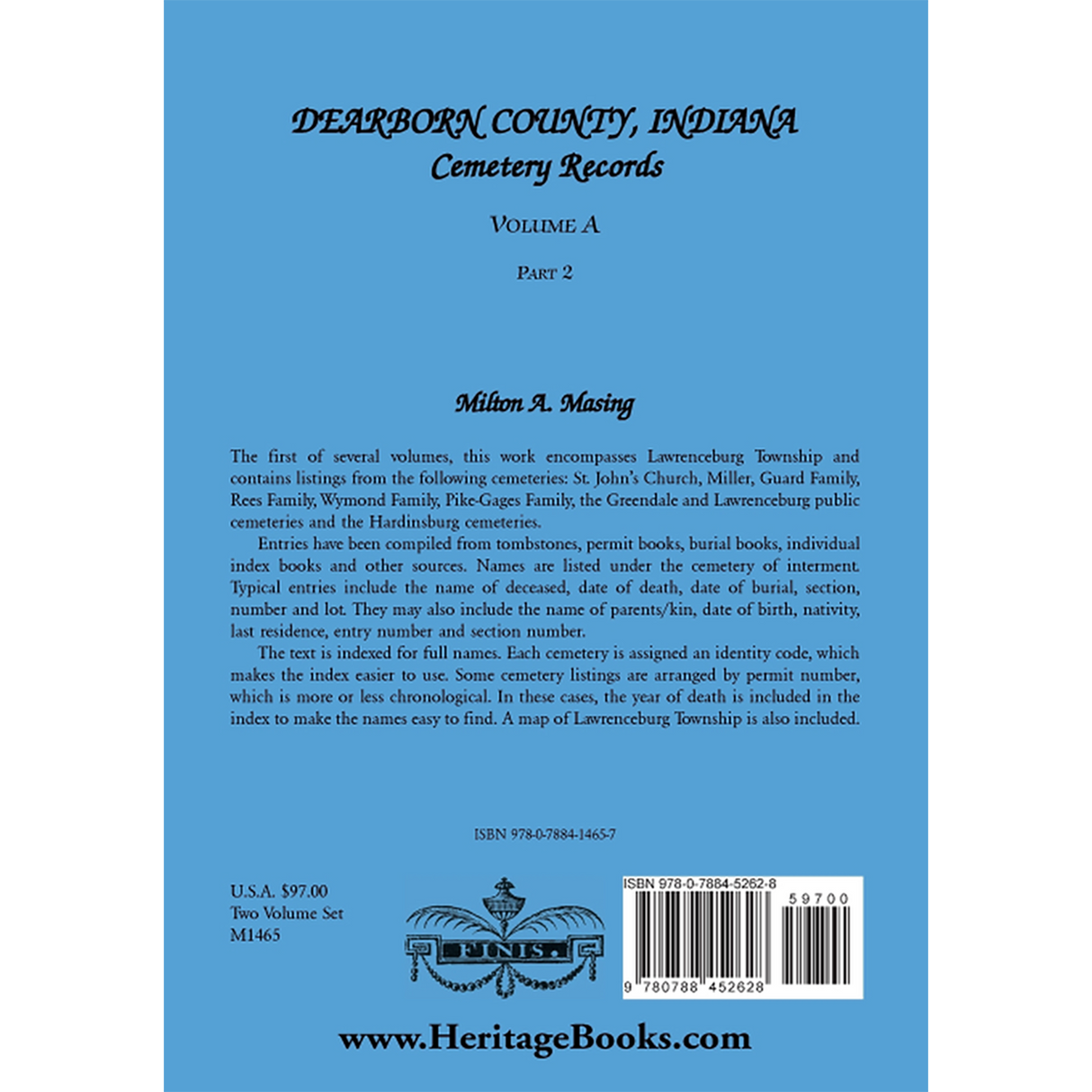 Dearborn County, Indiana, Cemetery Records, Volume A, Part 2: Lawrenceburg Township back cover