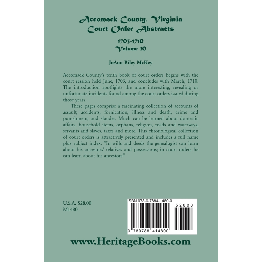 Accomack County, Virginia Court Order Abstracts, Volume 10: 1703-1710 back cover