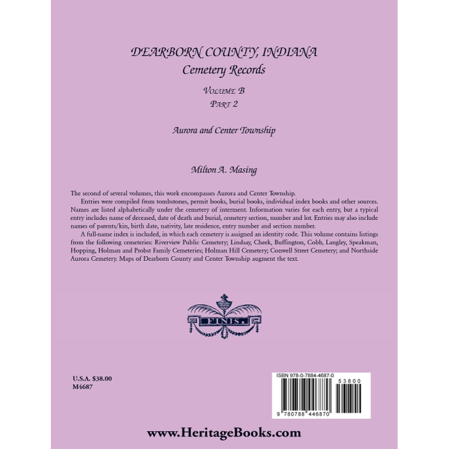 Dearborn County, Indiana, Cemetery Records, Volume B, Part 2 back cover