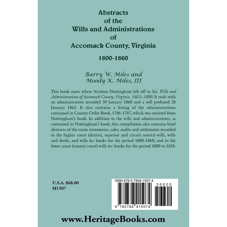 Abstracts of the Wills and Administrations of Accomack County, Virginia, 1800-1860 volume 1 back cover