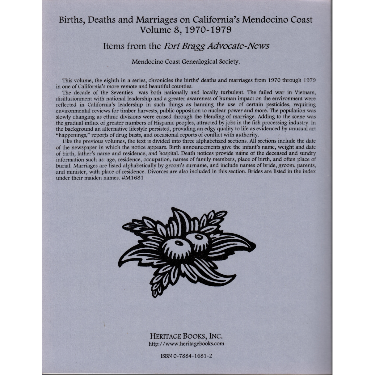 Births, Deaths and Marriages on California's Mendocino Coast, Volume 8, 1970-1979 back cover