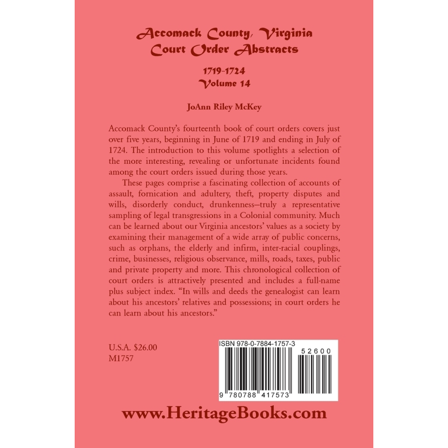 Accomack County, Virginia Court Order Abstracts, Volume 14: 1719-1724 back cover