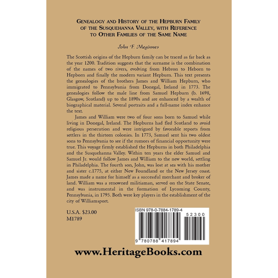 Genealogy and History of the Hepburn Family of the Susquehanna Valley, with reference to other families of the same name back cover