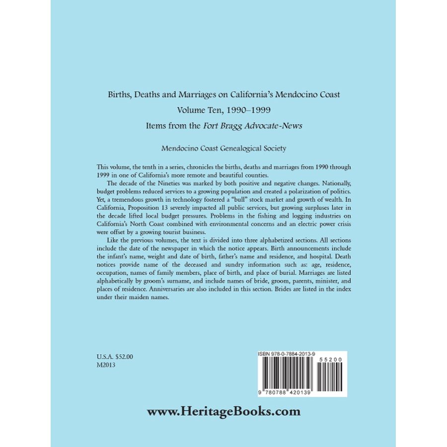 Births, Deaths and Marriages on California's Mendocino Coast, Volume 10, 1990-1999 back cover