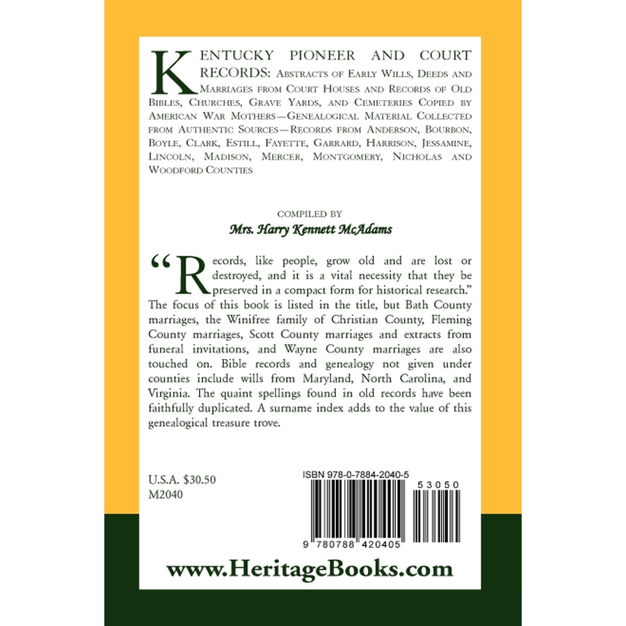 Kentucky Pioneer and Court Records: Abstracts of Early Wills, Deeds and Marriages From Court Houses back cover