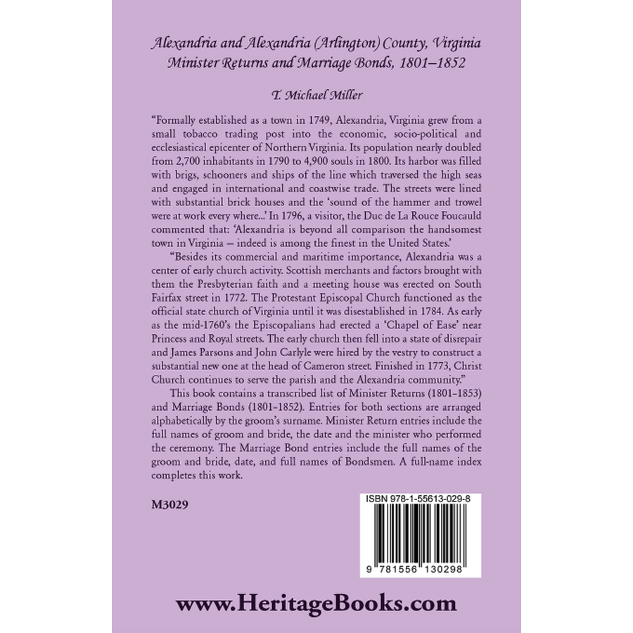 Alexandria and Alexandria (Arlington) County, Virginia Minister Returns and Marriage Bonds, 1801-1852 back cover