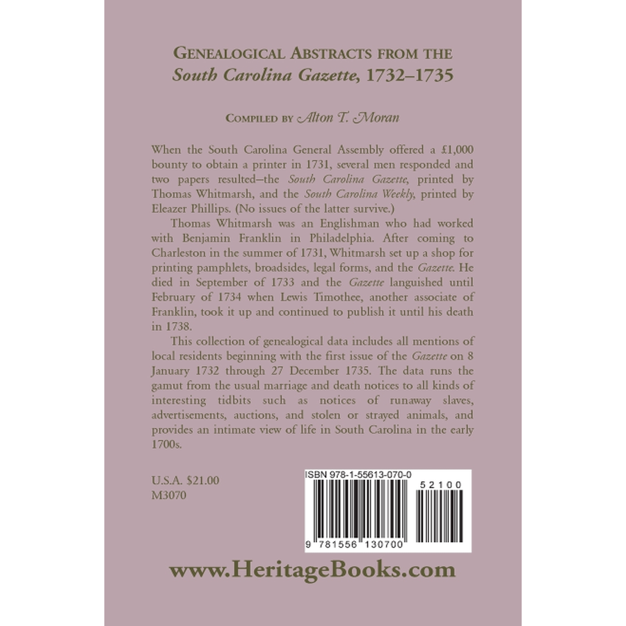 Genealogical Abstracts from the South Carolina Gazette, 1732-1735 back cover