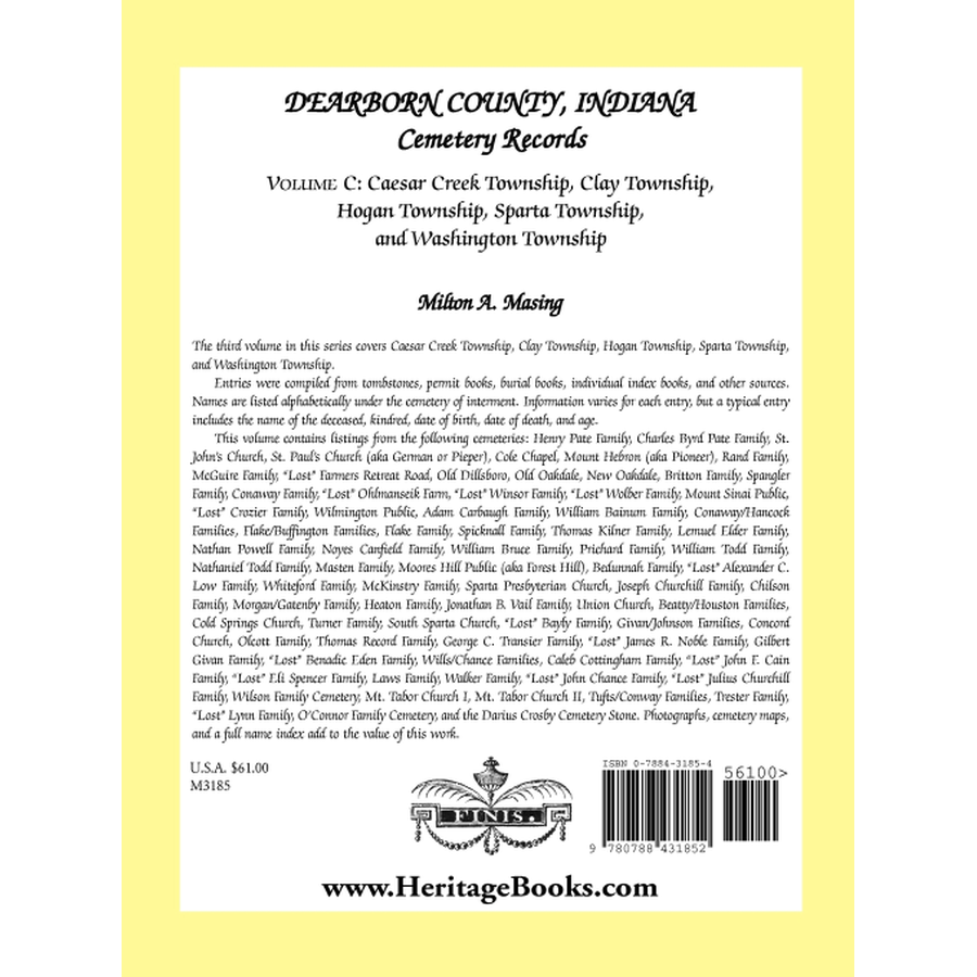 Dearborn County, Indiana, Cemetery Records, Volume C: Caesar Creek, Clay, Hogan, Sparta and Washington Townships back cover