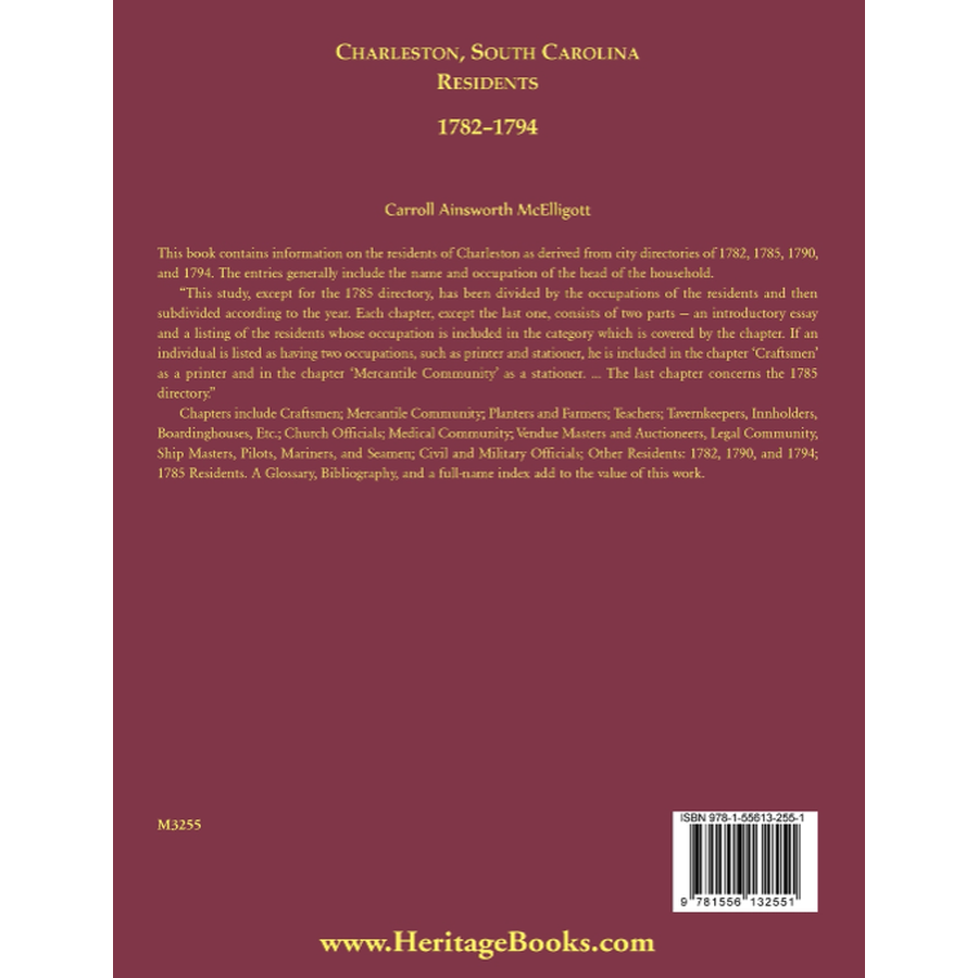 Charleston, South Carolina Residents, 1782-1794 back cover