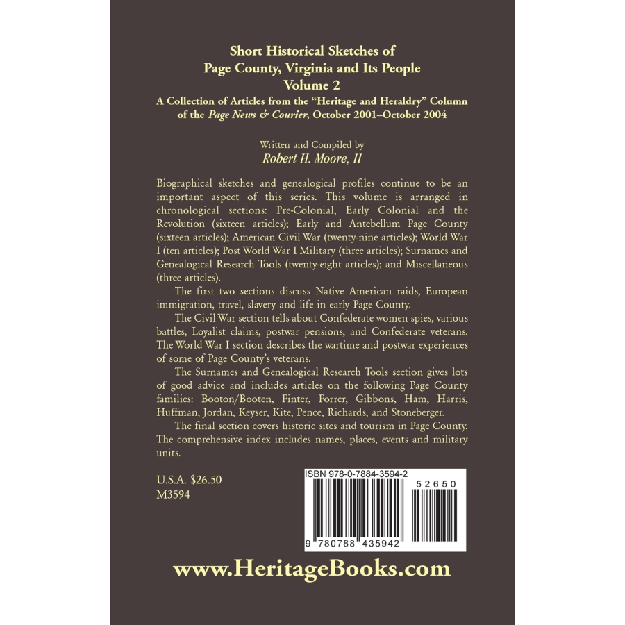 Short Historical Sketches of Page County, Virginia and Its People, Volume 2 back cover