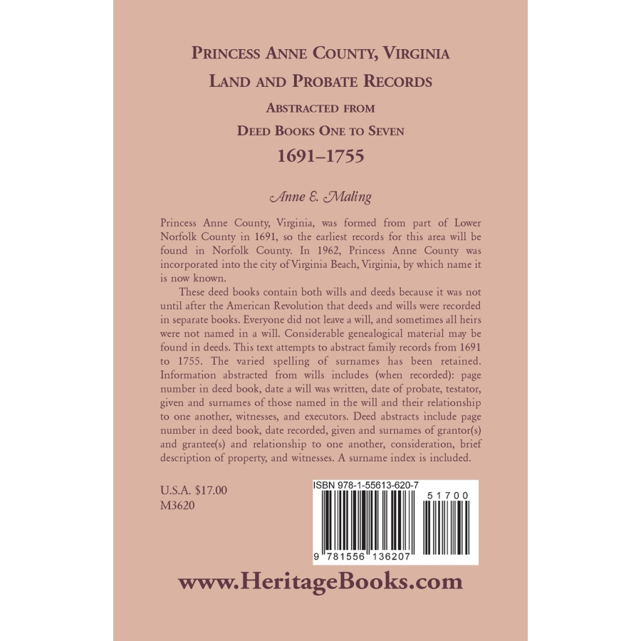 Princess Anne County, Virginia Land and Probate Records Abstracted from Deed Books 1-7 back cover