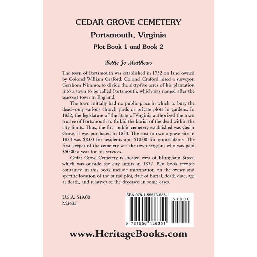 Cedar Grove Cemetery Portsmouth, Virginia, Plot Book 1 and 2 back cover