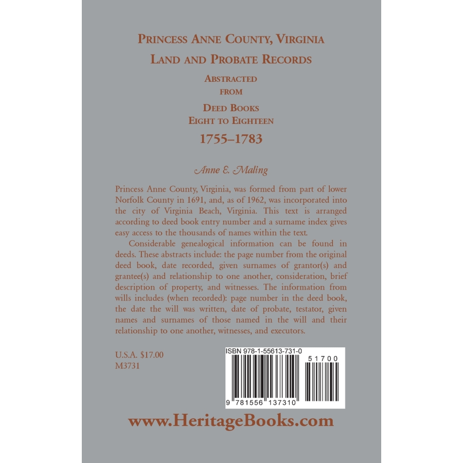 Princess Anne County, Virginia Land and Probate Records Abstracted from Deed Books 8-18 back cover