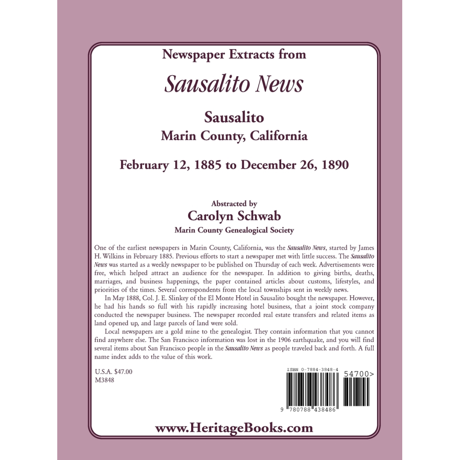 Newspaper Extracts from Sausalito News, Sausalito, Marin County, California, February 12, 1885 to December 26, 1890 back cover