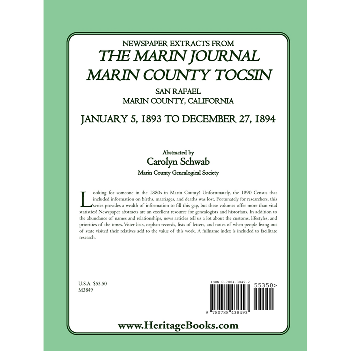 Newspaper Extracts from The Marin Journal, Marin County Tocsin, San Rafael, Marin County, California, January 5, 1893 to December 27, 1894 back cover