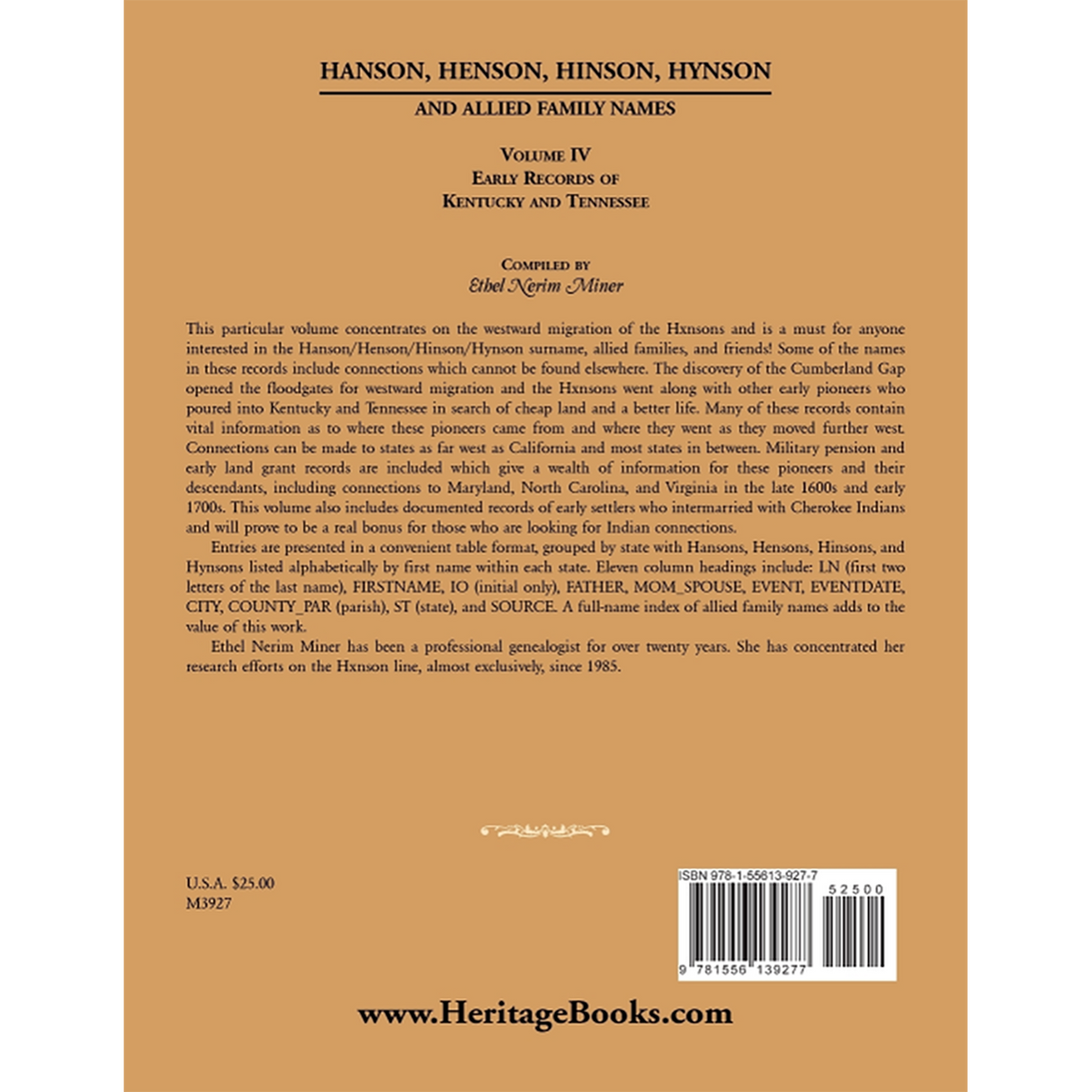 Hanson, Henson, Hinson, Hynson, and Allied Family Names, Volume 4: Early Records of Kentucky and Tennessee back cover