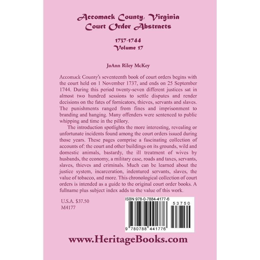 Accomack County, Virginia Court Order Abstracts, Volume 17: 1737-1744 back cover