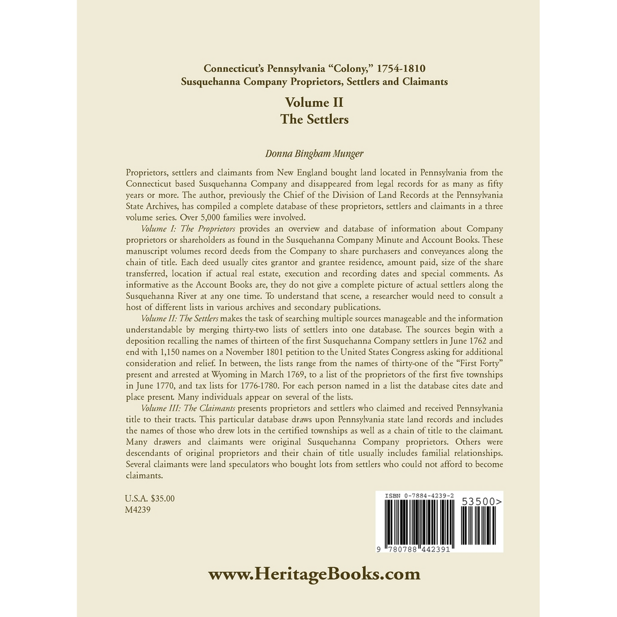 Connecticut's Pennsylvania "Colony": Susquehanna Company Proprietors, Settlers and Claimants: Volume 2, The Settlers back cover