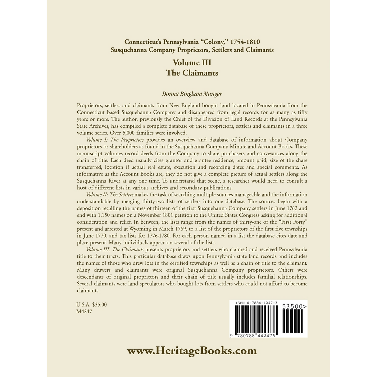 Connecticut's Pennsylvania "Colony": Susquehanna Company Proprietors, Settlers and Claimants: Volume 3, The Claimants back cover