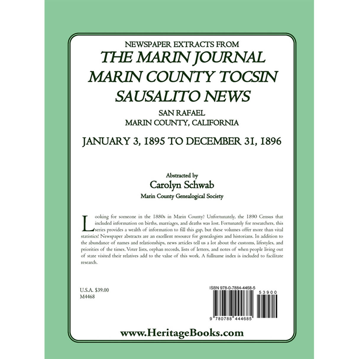 Newspaper Extracts from The Marin Journal, Marin County Tocsin, San Rafael, Marin County, California, January 3, 1895 to December 31, 1896 back cover