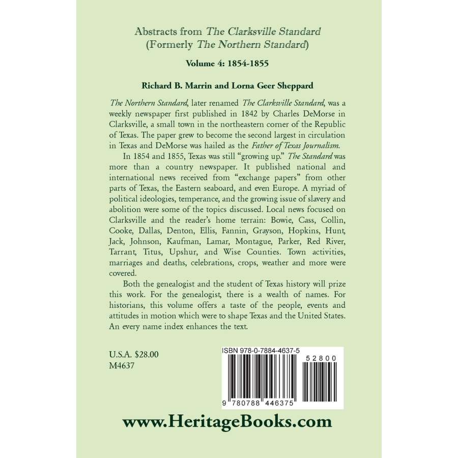 Abstracts from the Clarksville Standard (formerly the Northern Standard), Texas, Volume 4: 1854-1855 back cover