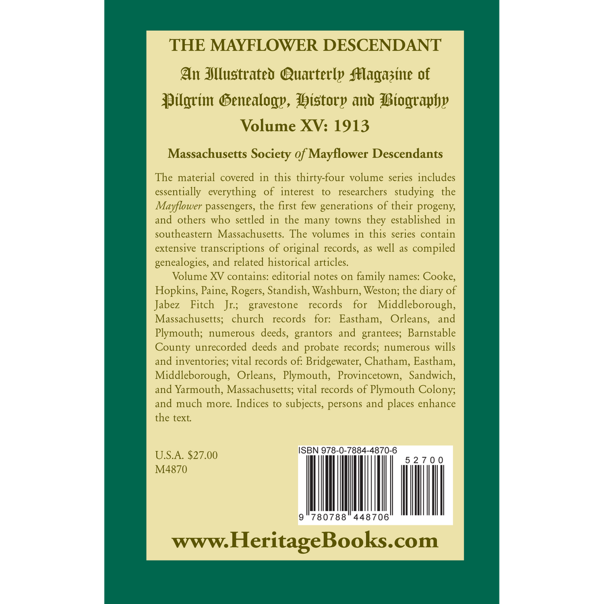 The Mayflower Descendant, Volume 15, 1913 back cover