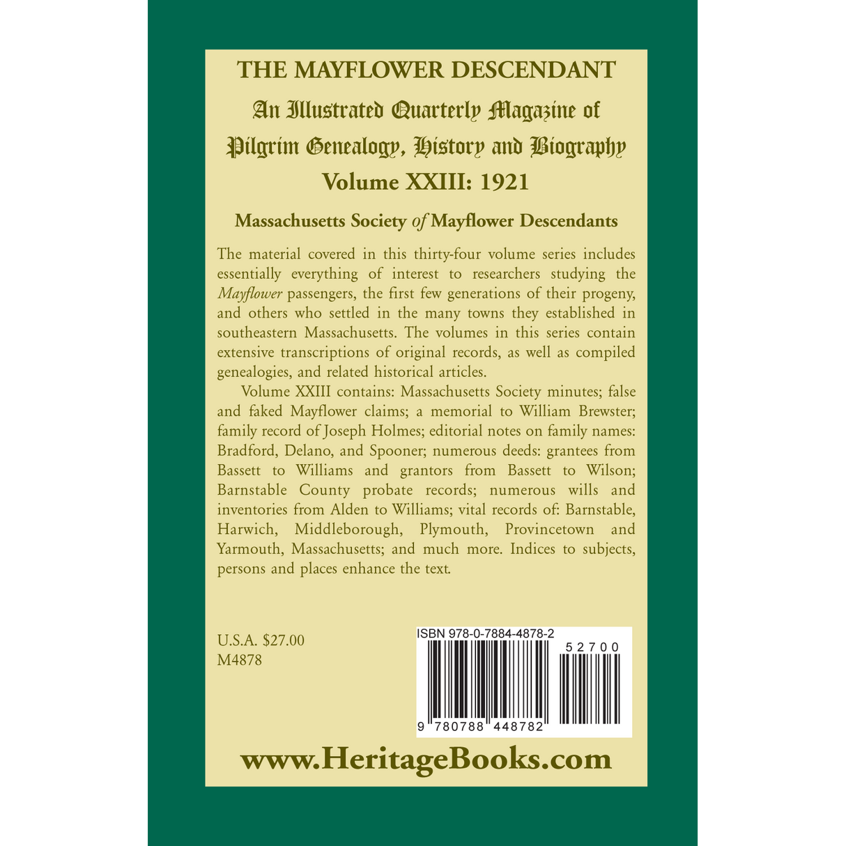 The Mayflower Descendant, Volume 23, 1921 back cover