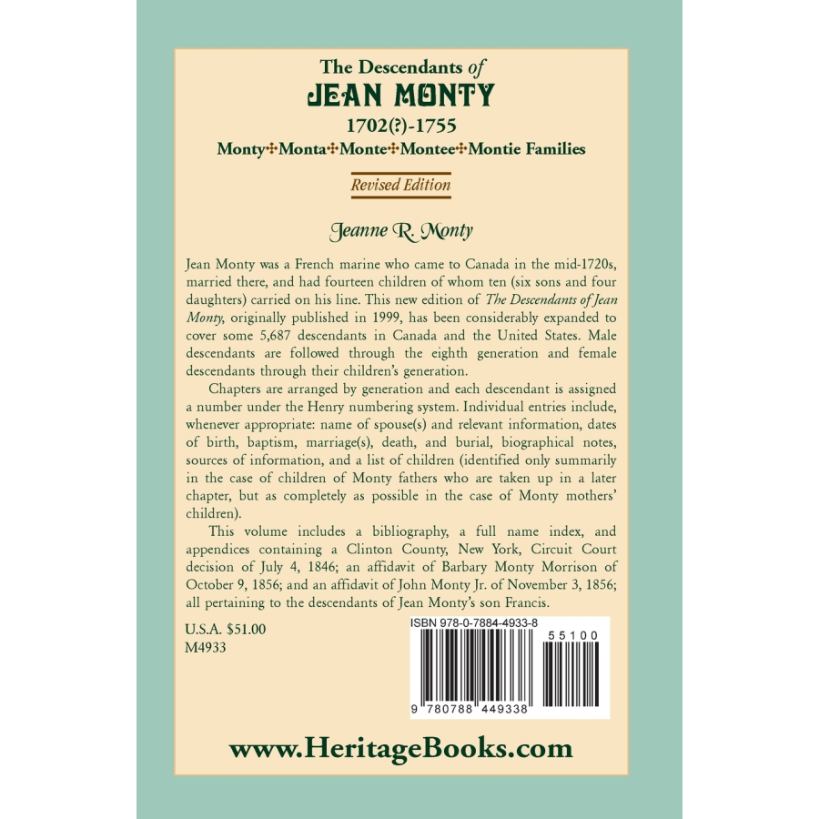 The Descendants of Jean Monty, 1702(?)-1755: Monty/Monte/Montee/Montie Families, Revised Edition back cover