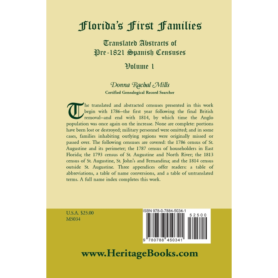 Florida's First Families: Translated Abstracts of Pre-1821 Spanish Censuses, Volume 1 back cover