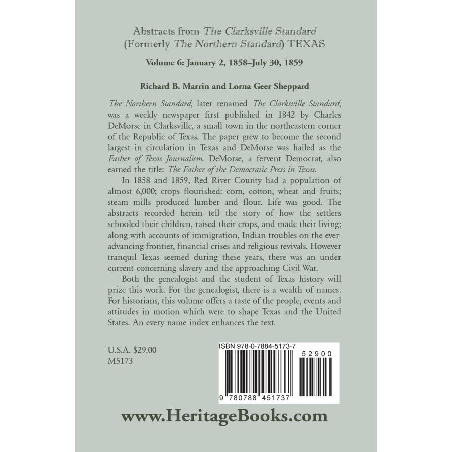 Abstracts from the Clarksville Standard (formerly the Northern Standard), Texas, Volume 6: Jan. 2, 1858-July 30, 1859 back cover