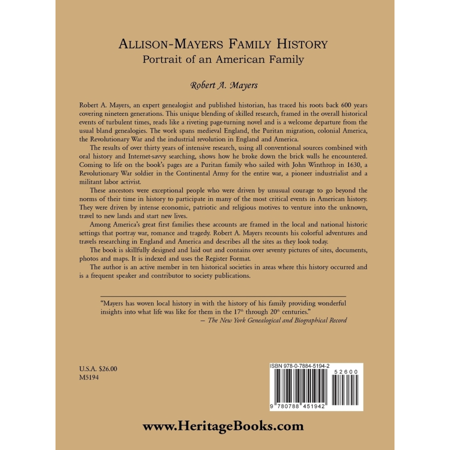 Allison-Mayers Family History: Portrait of an American Family back cover