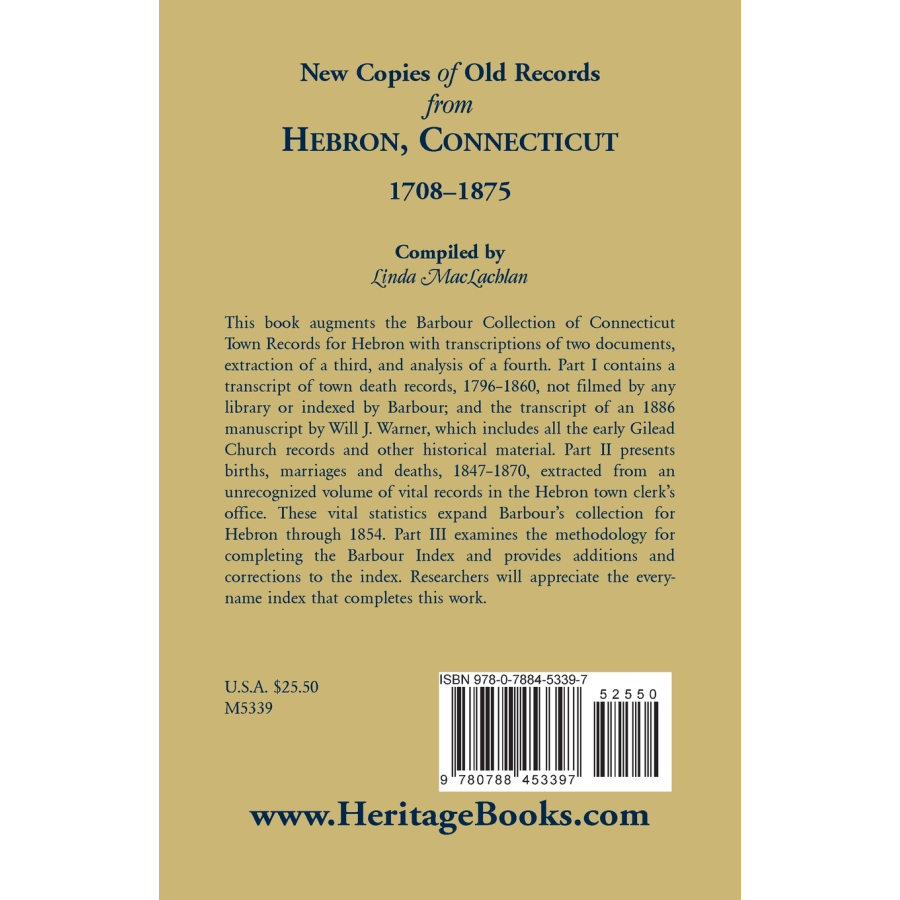 New Copies of Old Records from Hebron, Connecticut, 1708-1875 back cover
