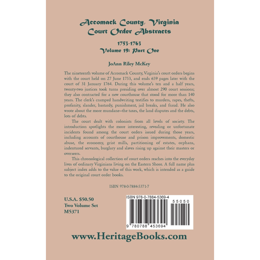 Accomack County, Virginia Court Order Abstracts, Volume 19: 1753-1763, Part I back cover