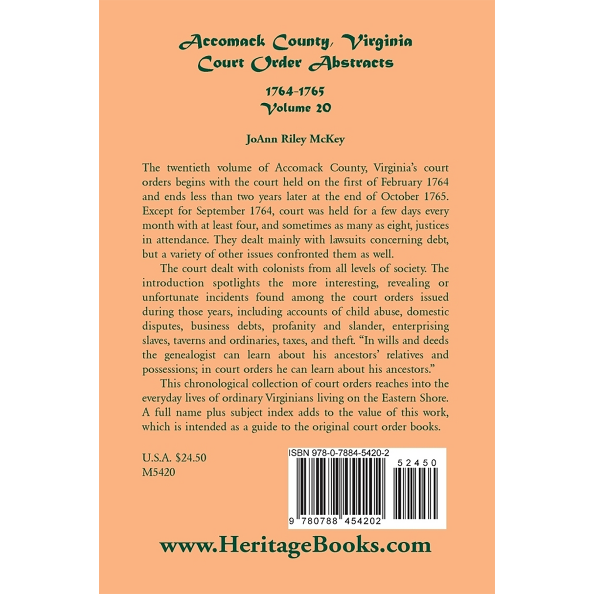 Accomack County, Virginia Court Order Abstracts, Volume 20: 1764-1765 back cover