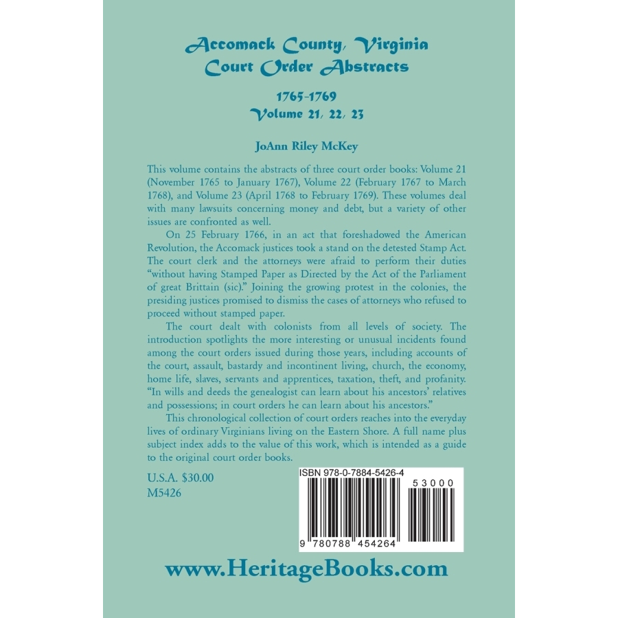 Accomack County, Virginia Court Order Abstracts, Volumes 21, 22, 23, 1765-1769 back cover