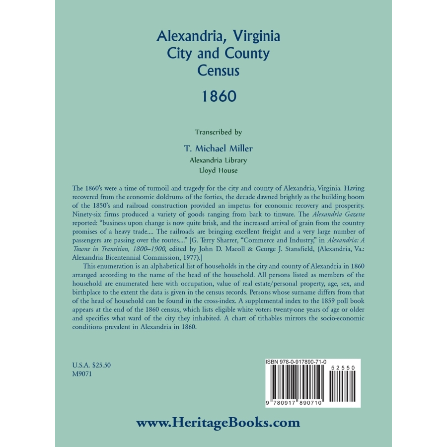 Alexandria, Virginia City and County Census, 1860 back cover