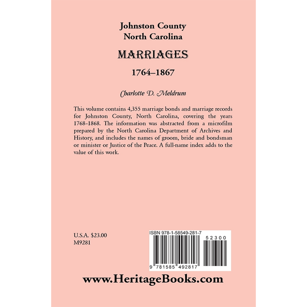 Johnston County, North Carolina Marriages, 1764-1867 back cover