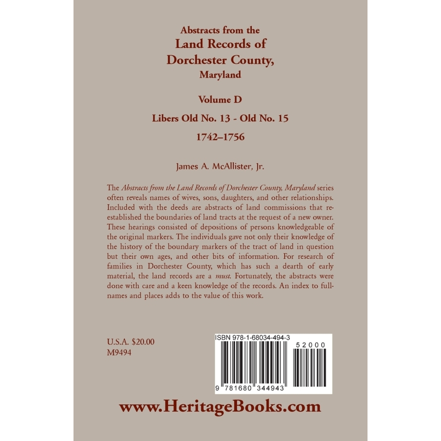 Abstracts from the Land Records of Dorchester County, Maryland, Volume D: 1740-1756 back cover