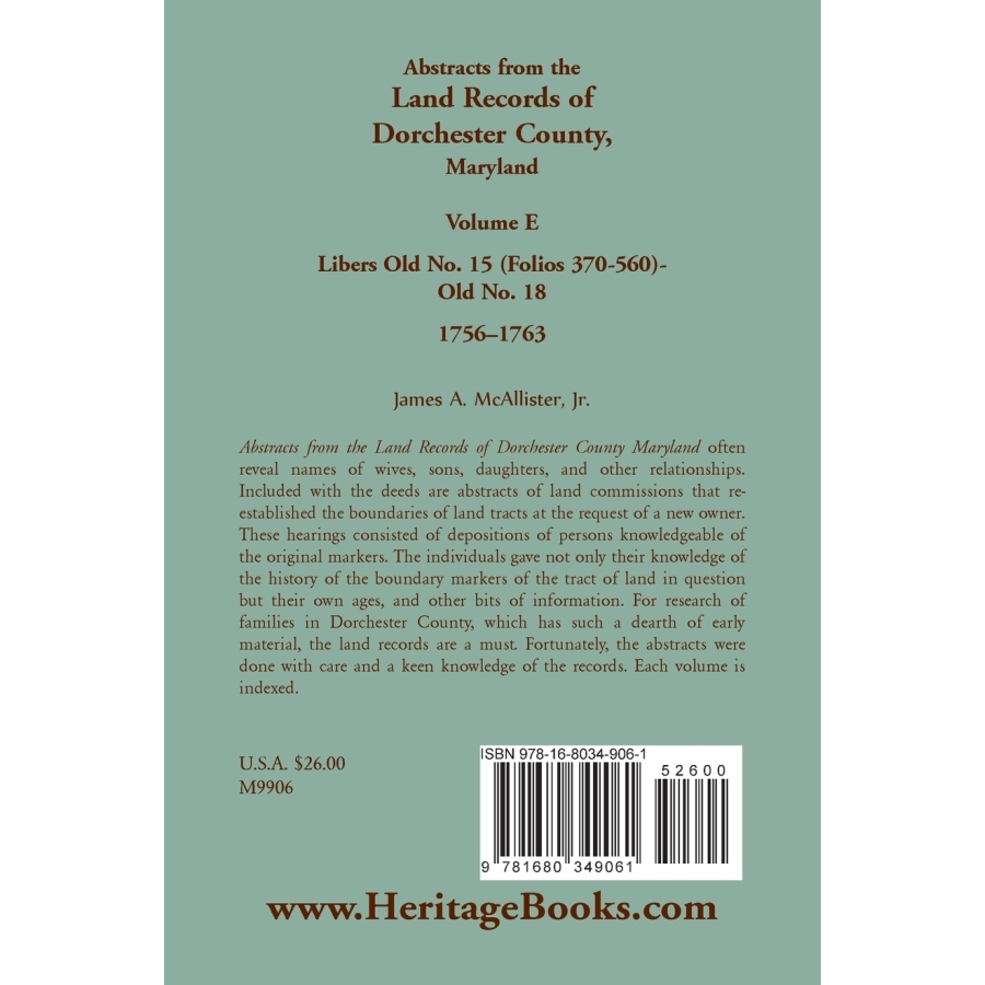 Abstracts from the Land Records of Dorchester County, Maryland, Volume E: 1756-1763 back cover