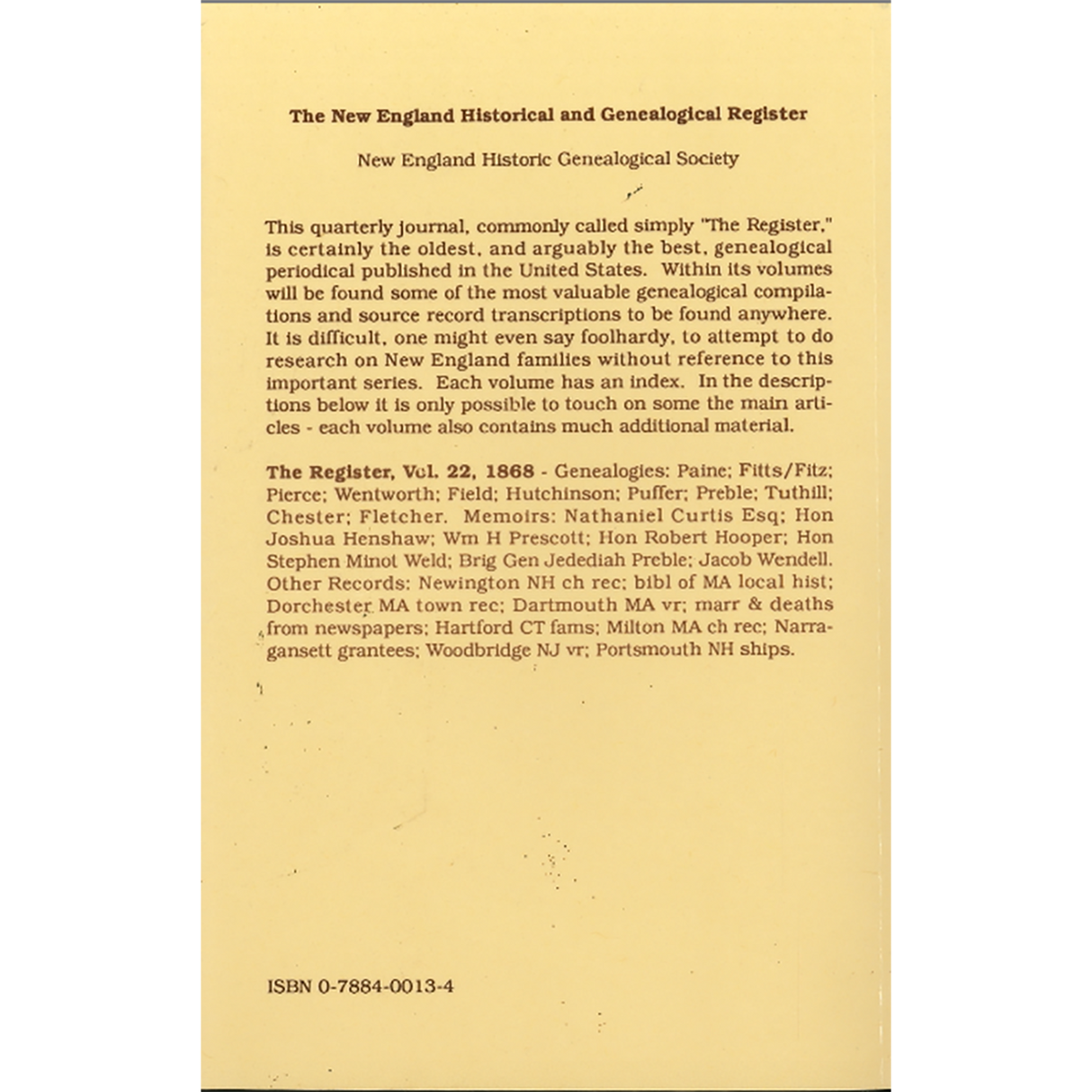 The New England Historical and Genealogical Register, Volume 22, 1868 back cover