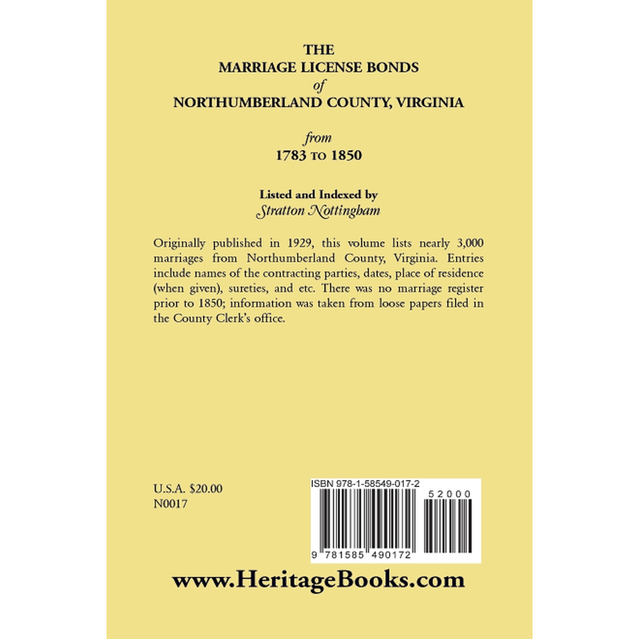 Marriage License Bonds of Northumberland County, Virginia from 1783 to 1850 back cover