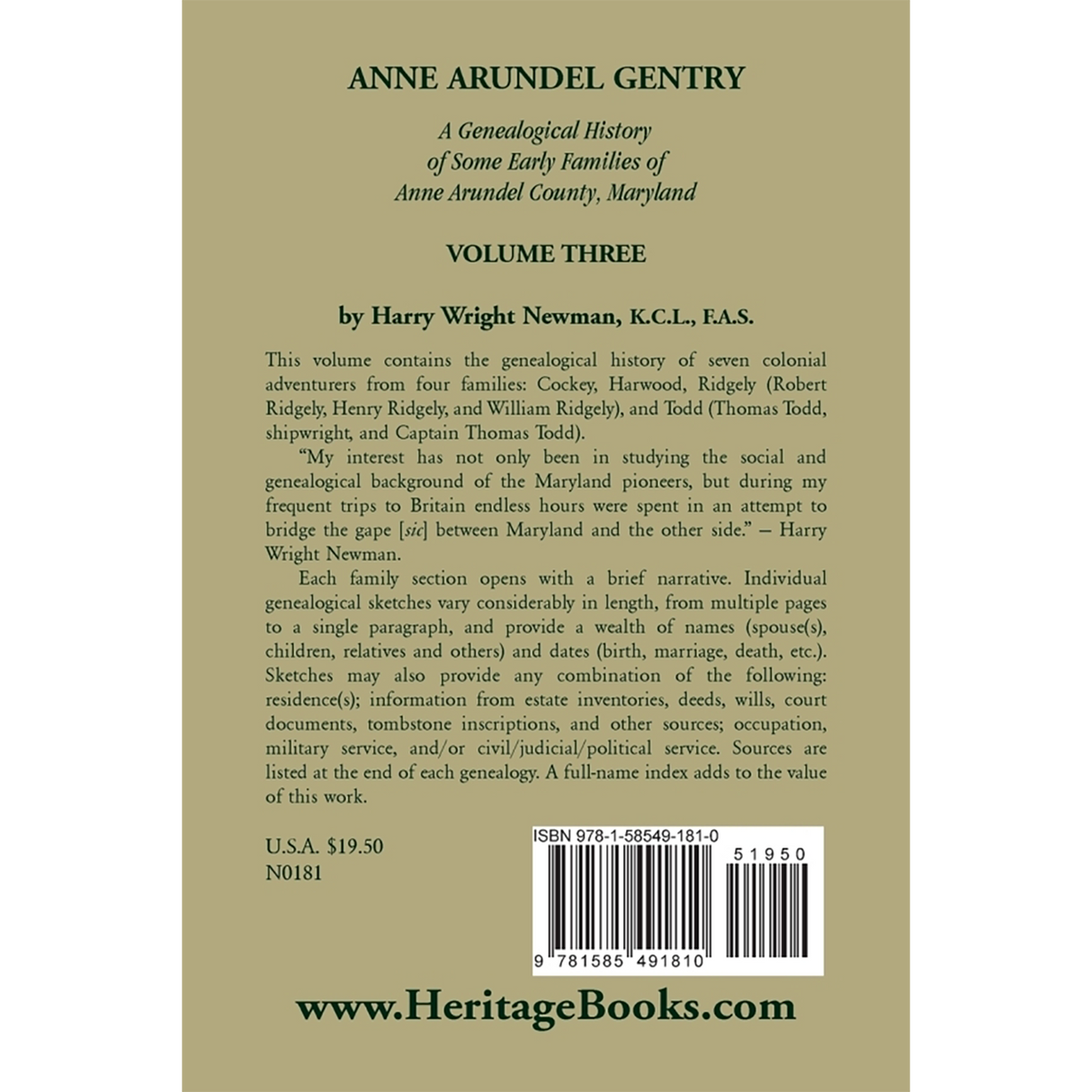 Anne Arundel Gentry, A Genealogical History of Some Early Families of Anne Arundel County, Maryland, Volume 3 back cover