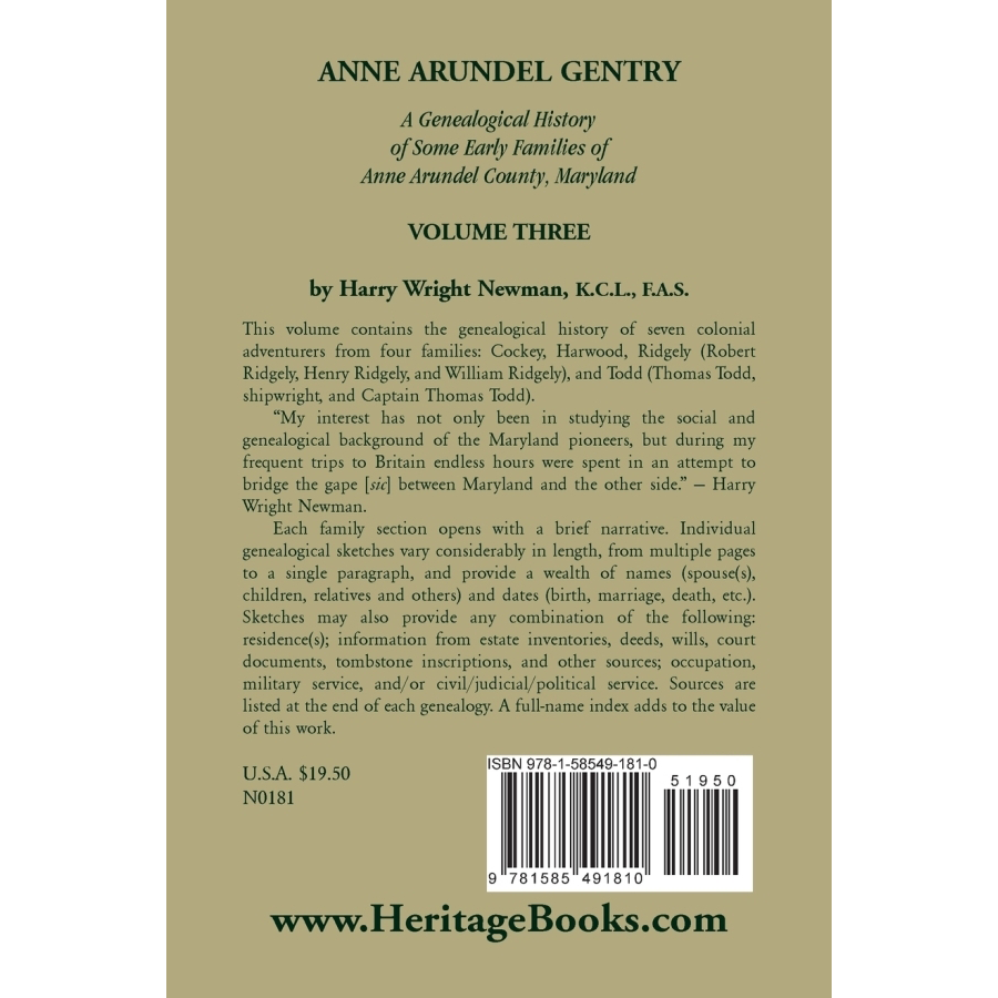 Anne Arundel Gentry, A Genealogical History of Some Early Families of Anne Arundel County, Maryland, Volume 3 back cover