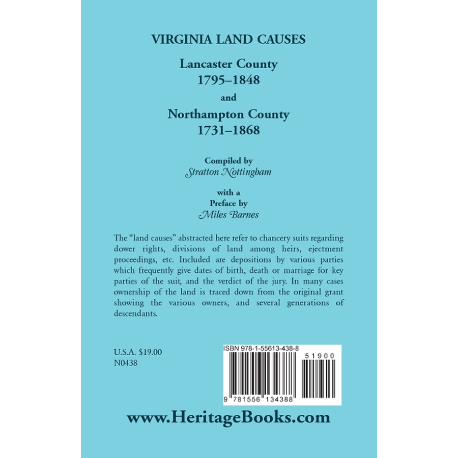 Virginia Land Causes: Lancaster County, 1795-1848 and Northampton County, 1731-1868 back cover