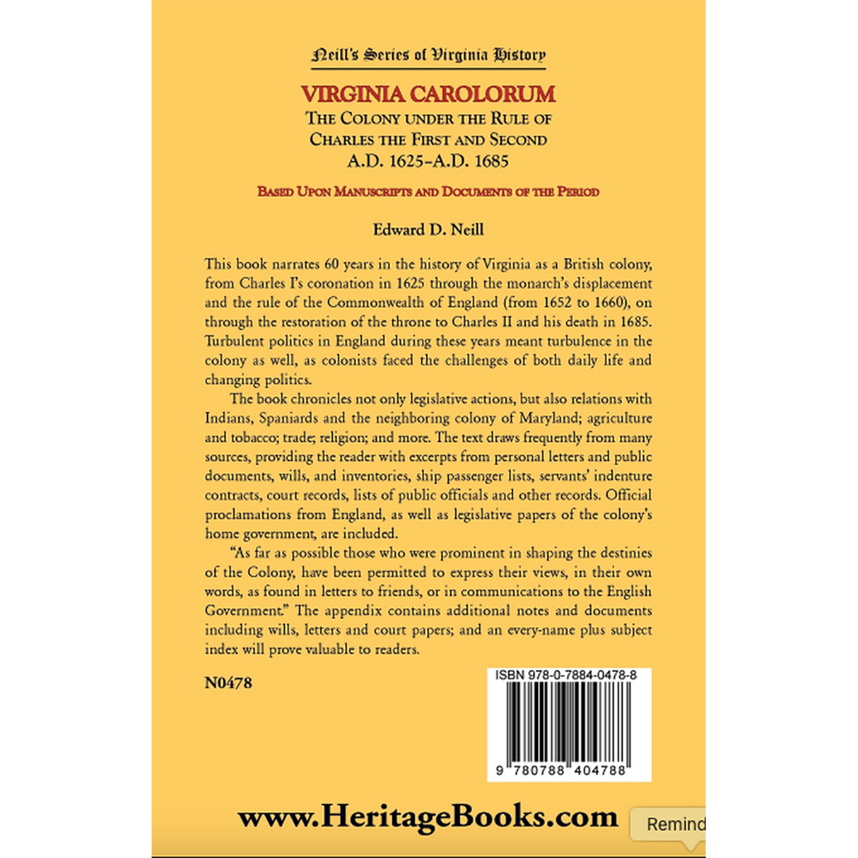 Virginia Carolorum: The Colony under the Rule of Charles the First and Second, 1625-1685 back cover