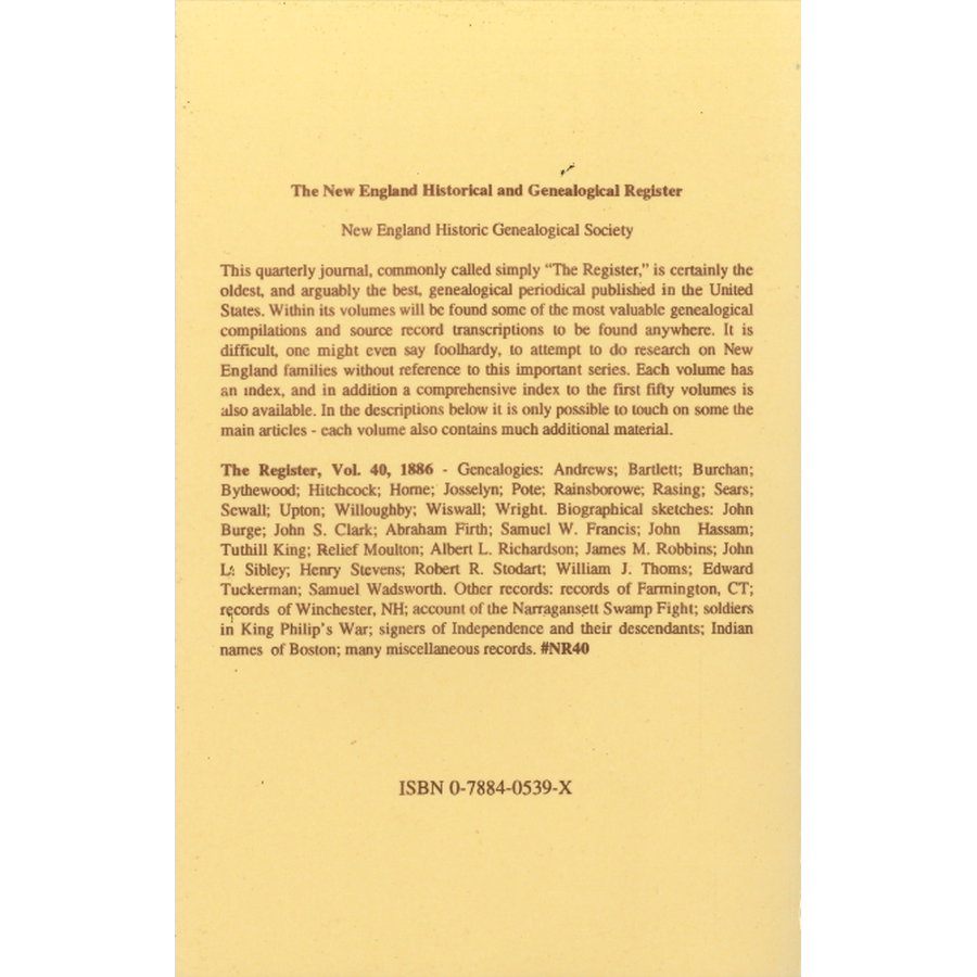 The New England Historical and Genealogical Register, Volume 40, 1886 back cover