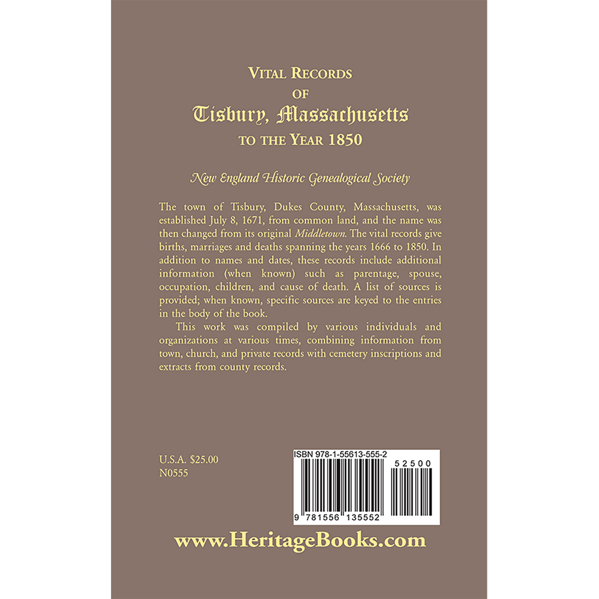 Vital Records of Tisbury, Massachusetts to the year 1850 back cover